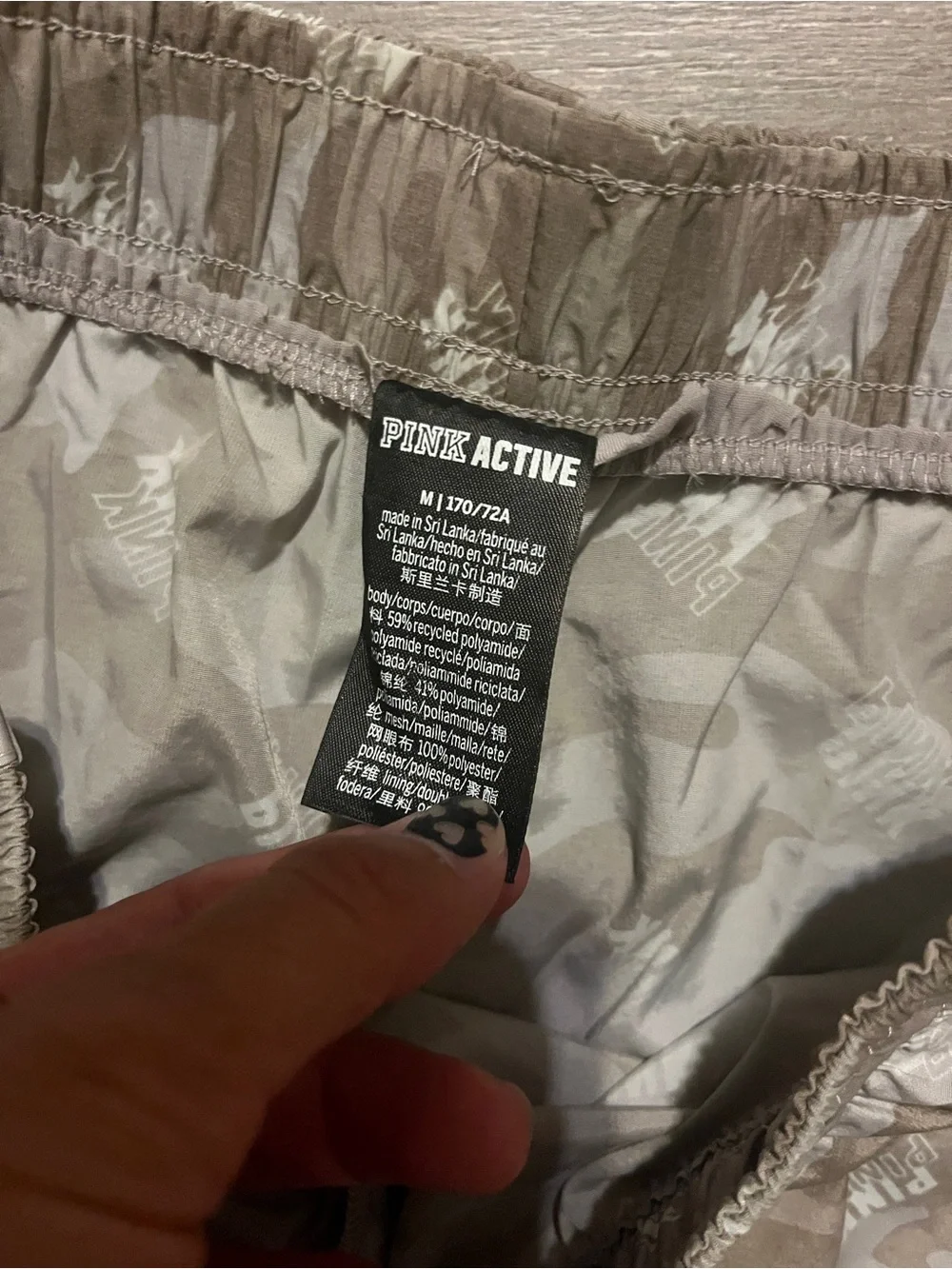 Victoria's Secret PINK camo shorts with repeating 'PINK' text #camouflage #activ